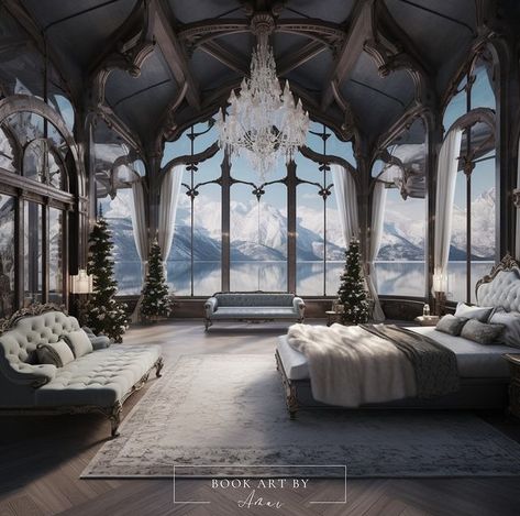 Fantasy Castle Interior Bedrooms, Fantasy Castle Bedroom, Winter Castle Interior, Ice Bedroom Fantasy Art, Castle Bedroom Dark, Castle Bedroom Fantasy Art, Fantasy Ice Castle Interior, Winter Court, Royal Bedroom