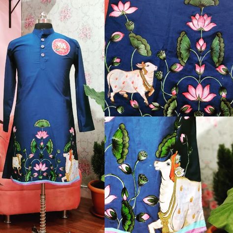 Blue men's kurta painted in Pichwai hand painted kurta Handpainted Mens Kurta, Mens Hand Painted Kurta, Pichwai Kurta Men, Painting Kurta For Men, Painted Kurta For Men, Fabric Painting On Kurta For Men, Kurta Fabric Painting, Painting On Kurta For Men, Kurta Painting Design For Man