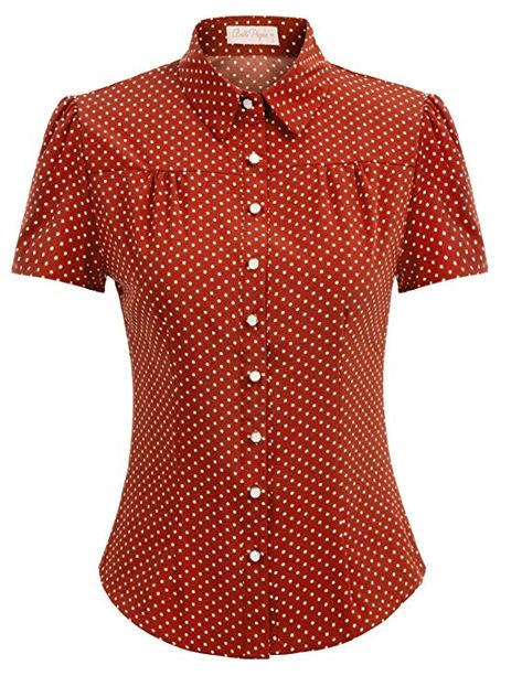 Belle Poque Women's Polka Dot Shirt Tops 1950s Retro Short Sleeve Blouse Tops at Amazon Women’s Clothing store Vintage Style Blouses, Curved Hem Shirt, Retro Shorts, Polka Dot Shorts, Polka Dot Shirt, 1940s Fashion, Retro Shirts, Shirt Short Sleeve, Work Blouse