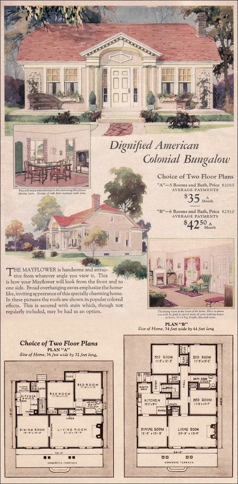 Mayflower Wardway Historic House Plans, Vintage House Plans 1930s, 1930 House, Side Garage, Porch Pillars, Colonial Revival House, House Plans Colonial, Dentil Molding, Vintage Floor Plans