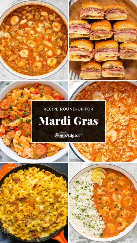 A photo collage of 6 dishes for a Mardi Gras recipe round-up. Traditional New Orleans Food, New Orleans Inspired Food, Food From New Orleans, Louisiana Food Cajun Cooking, New Orleans Style Food, New Orleans Meals, Mardi Gras Meal Ideas, New Orleans Theme Party Food, New Orleans Foods