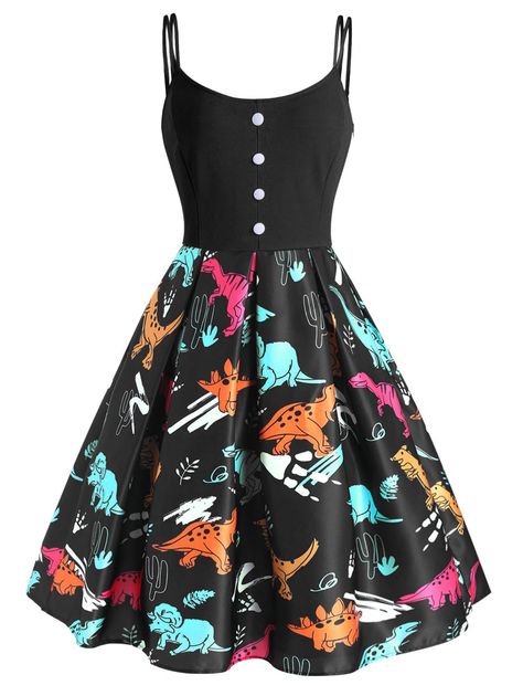 Dinosaur Print Button Embellished High Waisted Dress #Ad , #SPONSORED, #Button, #Print, #Dinosaur, #Embellished, #Dress Galaxy Print Dress, Dinosaur Dress, High Waisted Dress, Dinosaur Outfit, Straps Dress, Alt Outfits, Plus Size Halloween, Womens Clothing Online, High Waist Dress