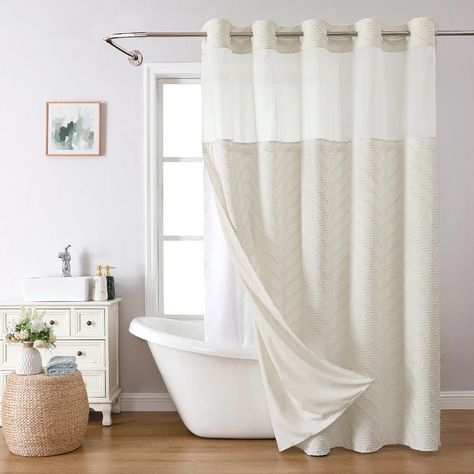 PRICES MAY VARY. 【Beige Fabric Shower Curtain with Boho Tufted Chevron Stripes】:This beige shower curtain for bathroom features tufted chevron stripes,making this striped shower curtain suitable for diverse decoration styles,like modern farmhouse,contemporary,simple,bohemian,shabby chic styles.These unique chevron stripes are exactly as shown,which can add a boho touch to your master bathroom, guest bathroom or hotel spa. 【Ringless Shower Curtain】:This shower curtain with no hooks features an in Master Bath With Shower Curtain, Organic Modern Bathroom Shower Curtain, Modern Bathroom Shower Curtain, Unique Shower Curtain Ideas, Shower Curtain Ideas Bathroom, Best Shower Curtains, Beige Shower Curtain, Neutral Shower Curtains, Hotel Shower Curtain