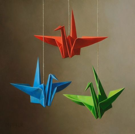 Jacob A. Pfeiffer on Instagram: ““Birds of a Feather” (11x11 inches, oil on panel, Private collection ). . #stilllife #origami #birdsofafeather #oilpainting #oil #realism…” Origami Painting, At Home Painting, Paper Swan, Paper Bird, Home Painting, Origami Bird, Origami Paper Art, Still Lifes, Paper Birds