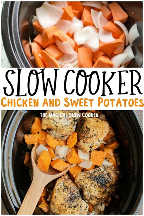 Chicken And Sweet Potato Crockpot, Sweet Potato Crockpot Recipes, Sweet Potato Crockpot, Potato Crockpot Recipes, Crockpot Sweet Potato Recipes, Potato Crockpot, Autumn Chicken, Potato Recipes Crockpot, Crock Pot Sweet Potatoes