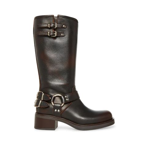 AXELLE Brown Leather Knee High Boot | Women's Boots – Steve Madden Womens Biker Outfits, Brown Leather Knee High Boots, Boots With Buckles, Biker Shorts Outfit, Steve Madden Store, Steve Madden Boots, Boots Platform, Buckle Boots, Gorgeous Shoes