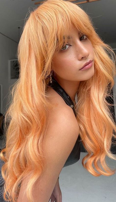 Coloured Hair Pastel, Peach And Copper Hair, Bright Peach Hair, Pastel Orange Hair Peach, Peach Hair With Dark Roots, Light Peach Hair Color, Peach Colour Hair, Peach Hair Colour, Soft Peach Hair