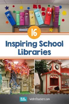 16 Inspiring School Libraries To Motivate Young Readers School Library Themes Elementary, Unveiling Decor Ideas, School Library Themes, School Library Book Displays, School Library Bulletin Boards, Kindergarten Library, Elementary Librarian, School Library Decor, Preschool Library