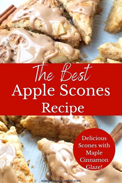 You've got to try thses Apple Scones with Maple Cinnamon Glaze - the best scone recipe for fall! These easy apple scones are perfect for breakfast, brunch, dessert or as asnack with tea or coffee. Make these apple cinnamon scones for a delious fall brekfast, Thanksgiving or Christmas. This delicious scone recipe uses just a few ingredients and is perfect for weekend breakfast or brunch. The best apple scone recipe for fall! www.casualfoodist.com Scone Ideas Sweet, Apple Cider Scones, Apple Scones Recipe, Apple Cinnamon Scones, Best Scone Recipe, Apple Scones, Brunch Dessert, How To Make Scones, Cinnamon Glaze