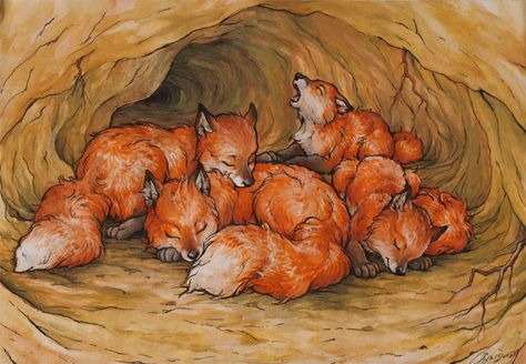 little foxes in their burrow by Victoria-Poloniae on DeviantArt Fox Playing Drawing, Fox Winter Illustration, Fox Forest Illustration, Fox Hunter, Fox In The Woods Illustration, Autumn Doodles, Antique Fox Illustration, Fox Den Illustration, Friendly Fox