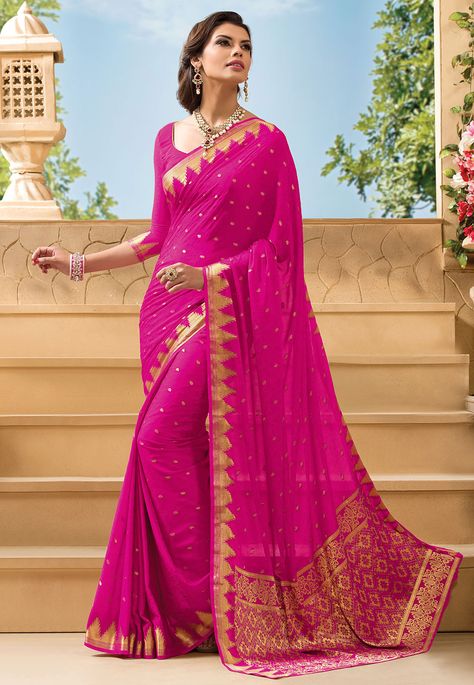 Rani #Pink #Saree with Blouse Asian Clothes, Saree Blouse Styles, Crepe Silk Sarees, Golden Border, Latest Indian Saree, Indian Saree Blouse, Indian Saree Blouses Designs, Simple Sarees, Wedding Saree Indian