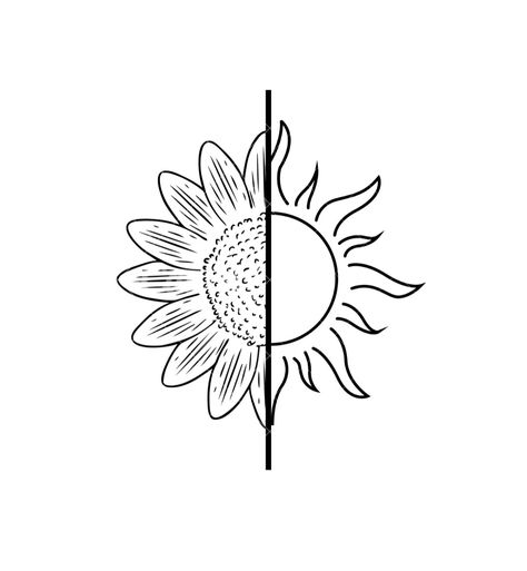 Simple Small Flower Tattoos Sunflowers, Sun With Sunflower Tattoo, Back Of Arm Sun Tattoo, Half Sunflower Half Sun Tattoo, Half Sun Half Flower Tattoo, Sunflower Head Tattoo, Sunflower Chest Tattoo, Cute Flower Tattoos For Women, Sunflower Tattoo Sketch