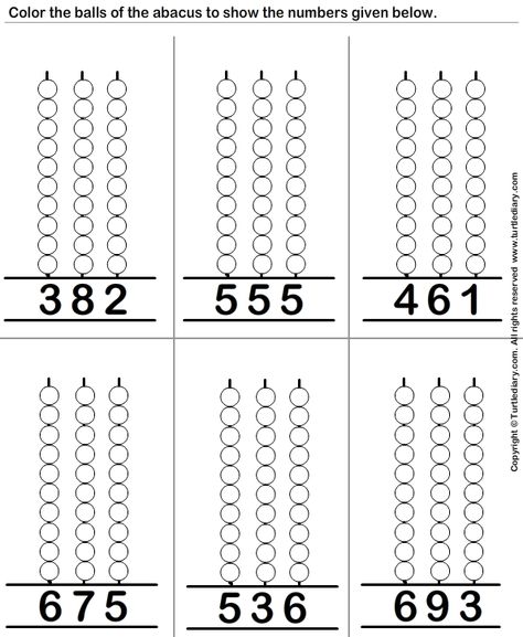 Download and print Turtle Diary's Color the Balls to Represent the Number on Abacus worksheet. Our large collection of math worksheets are a great study tool for all ages. Abacus Activities, Abacus Worksheet, Abacus Math, Preschool Prep, Three Digit Numbers, Math Charts, Math Place Value, Preschool Math Worksheets, Worksheet For Kids