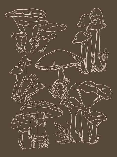 Mushroom Patch Drawing, Long Mushroom Drawing, Basic Mushroom Drawing, Mushroom Forest Drawing Easy, Posca Pens Art Mushroom, Mushrooms Line Art, Mashrooms Drawing Aesthetic Indie, Amanita Mushroom Drawing, Mushroom Cluster Drawing