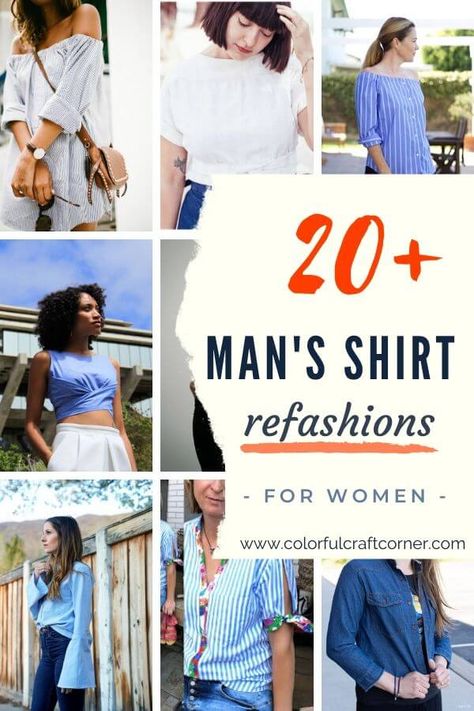 The best men's shirts refashion ideas (for women) - Colorful Craft Corner Mens Shirt Diy Upcycle, Upcycle Men's Shirt For Women, Recycle Button Up Shirt Ideas, Mens Dress Shirts Outfit For Women, Men's Shirt Refashion Diy, Turning Mens Shirts Into Womens Shirt, Repurpose Mens Dress Shirt, Men’s Button Up Shirt As Dress, Men’s Shirt To Blouse