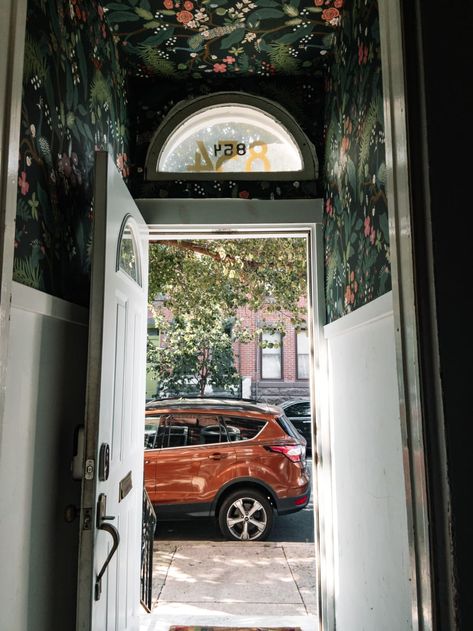 Post Image Row Home Interior, Row Home Interior Design, Philly Row Home, Old Philadelphia, Maximalist Apartment, Hydrangea Wallpaper, Row Home, Powder Room Wallpaper, Candles In Fireplace