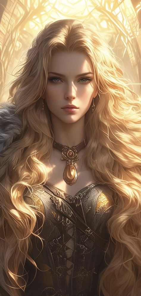 Blonde Goddess Art, Blond Warrior Woman, Valkyrie Character Art, Norse Woman Art, Blonde Princess Art, Freya Goddess Art, Warrior Female Art, Dnd Aasimar Female, Healer Character Design