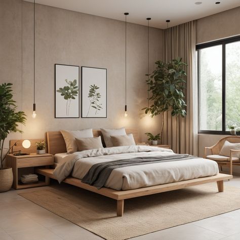 Japandi Small Apartment Bedroom, Natural Coloured Bedroom, Spare Bedroom Design Ideas, Bedroom Mediterranean Style, Japandi Inspired Bedroom, Warm Bedroom Ideas Colour Schemes, Tropical Interior Design Bedroom, Wood Wall Room, Bedroom Ideas White Walls