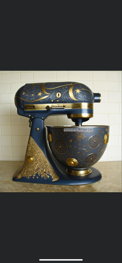 Whimsical gold moon star celestial dark blue night sky kitchen aid witchy goth dream Fairytale Kitchen Aesthetic, Cottage Goth Kitchen, Witchy Home Furniture, Vintage Gothic Kitchen, Whimsical Goth Bathroom, Fantasy Kitchen Decor, Bohemian Gothic Decor Kitchen, Odd Home Decor, Ravenclaw Kitchen