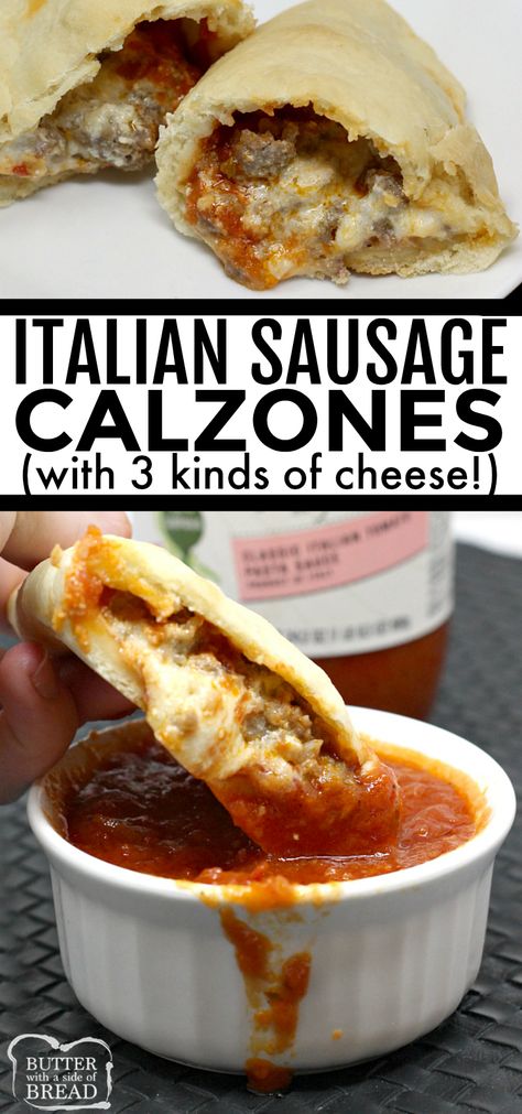 Cheesy Italian Sausage Calzones are made with a homemade pizza crust that is filled with parmesan, mozzarella, ricotta, marinara sauce and Italian sausage. These homemade calzones can be filled with any of your favorite meats and vegetables. Sausage Calzone Recipe, Cheesy Italian Sausage, Homemade Calzone, Calzone Recipes, Homemade Pizza Pockets, Sausage Pie, Rhodes Bread, Jamaican Oxtail, Italian Recipes Appetizers