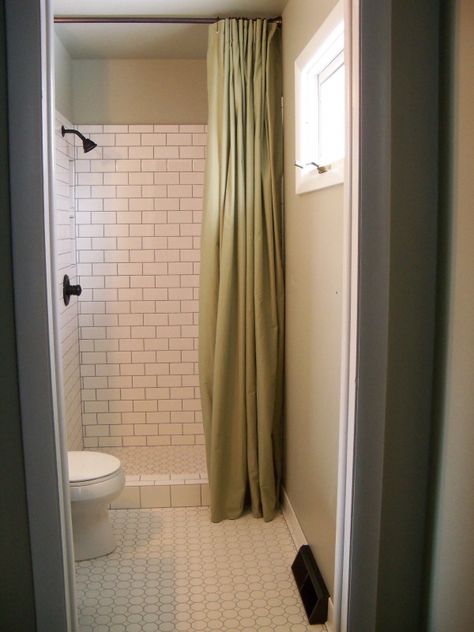 floor to ceiling shower curtain instead of hard to clean shower door Small Shower With Curtain, Floor To Ceiling Shower Curtain, Ceiling Shower Curtain, Small Shower Stalls, Clean Shower Doors, Stall Shower Curtain, Master Bath Remodel, Floor To Ceiling, Basement Bathroom