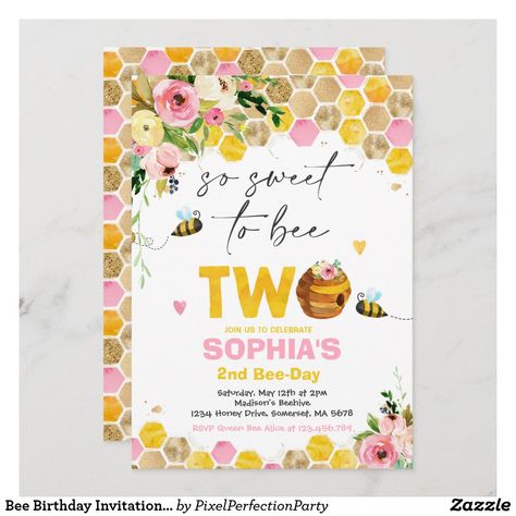 Bee Birthday Invitations Free Printable, Bumble Bee 2nd Birthday Party, Maya The Bee Birthday Party, Sweet Birthday Invitations, Honey Bee Birthday Party, 2nd Birthday Themes, Honey Bee Birthday, Birthday Sunflower, Two Sweet Birthday