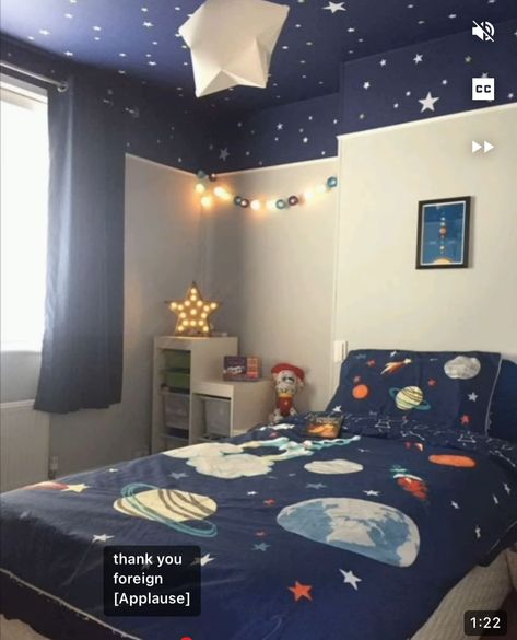 Space Themed Bedding, Space Themed Ceiling, Outer Space Boys Room, Space Theme Bedroom Boys, Kids Bedroom Space Theme, Space Themed Rooms For Boys, Dark Blue Kids Bedroom, Dark Blue Ceiling Bedroom, Painted Star Ceiling