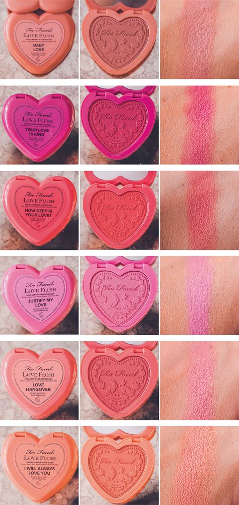 Too Faced Love Flush Blushes. - Natacha Birds Two Faced Blush, Too Faced Love Flush, Too Faced Blush, Blush Swatches, Mascara Hacks, Make Up Gold, Hourglass Makeup, Purple Blush, Rose Gold Makeup