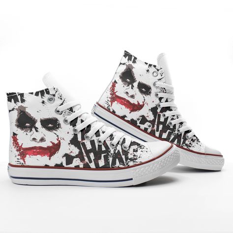 "Custom Heath Ledger Joker's printed Shoes - High Top Canvas sneakers with flat rubber sole. Based on PROSPECT AVENUE White High Top model. Sizes in stock US Men 5-14 US Women 5-16. Choose your size according to the size chart. (see pictures). Contact me to get custom listing with any special requirements (Size, Color, Brand, Model) -- ATTENTION: Refunds&Returns due to the wrong size are not available as all items at Perfect Pair Shoes are Custom, If you require any assistance: text me throu Joker Shoes, Bratz Halloween Costume, Sneakers High Top, Heath Ledger Joker, Shoes High, Shoe Print, High Top Shoes, Designer Sneakers, Personalized Prints