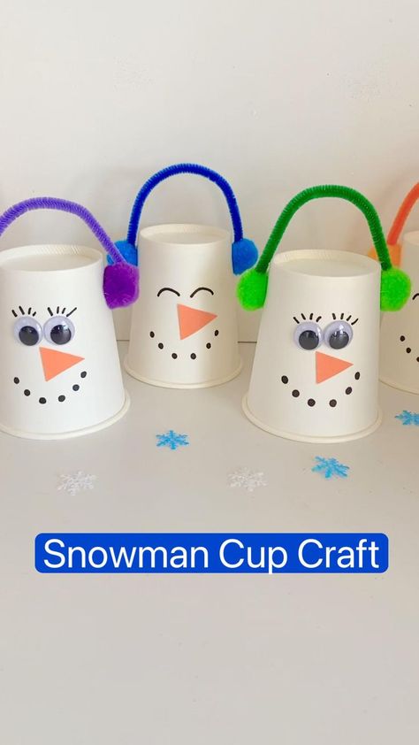 Elementary December Crafts, Oatmeal Container Crafts For Kids, Snowman Cup Craft, Easy Holiday Kids Crafts, January Activities For Seniors Winter Craft, Paper Cup Christmas Crafts, Winter Projects For Kids Elementary, December Crafts For Seniors, Christmas In July Crafts For Kids