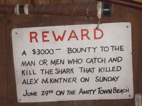 Reward sign from Jaws. Jaws Movie Quotes, Jaws Quotes, Jaws Aesthetic, Jaws Party, Jaws Film, Shark Stuff, Bulletin Journal, Jaws Movie, Club Events