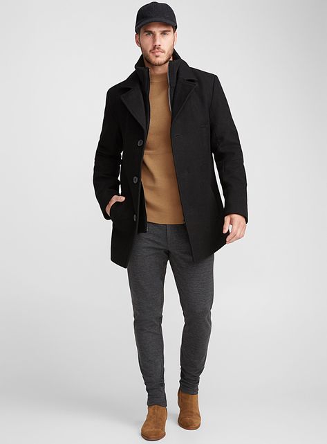 Mens Short Coat, Black Coat Men Outfit, Black Peacoat Outfit Men, Black Overcoat Men Outfit, Black Overcoat Men, Coat Outfit Short, Mens Pea Coat Outfits, Black Coat Outfit Men, Mens Layering Outfits