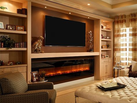 Wall mount linear electric fireplace with shelf mantel and tv above.  Modern Flame Built In Wall Shelves, Wall Units With Fireplace, Electric Fireplace Entertainment Center, Large Entertainment Center, Modern Electric Fireplace, Fireplace Console, Built In Electric Fireplace, Fireplace Entertainment Center, Fireplace Tv Wall