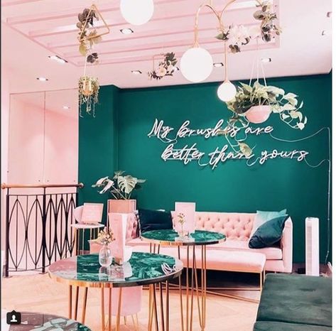 Nail Salon Theme Ideas, Pink And Green Beauty Salon, Colorful Boutique Interior, Green And Pink Salon, Salon Themes Interior Design, Interior Design Themes Style, Ladies Salon Interior Design, Green And Pink Office, Ladies Boutique Interior Design