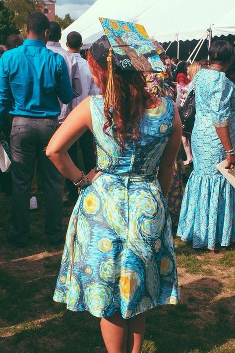 This is my graduation! I am an art education major, and starry night is my favorite painting! I painted my cap, and found this perfect dress on #modcloth! Campus Activities, Types Of Education, Education Major, Art Major, College Courses, Graduation Cap Decoration, Cap Decorations, Grad Cap, College Hacks