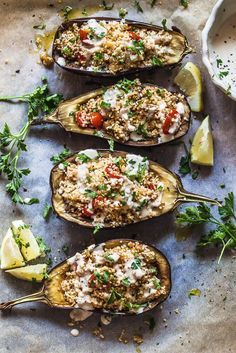 Couscous Stuffed Eggplant topped with a fresh Lemon Tahini Sauce is a delicious way to serve eggplants. Vegan and Dairy-Free! Lemon Tahini Sauce, Stuffed Eggplant, Salsa Fresca, Tahini Sauce, Eggplant Recipes, Think Food, Greek Recipes, Vegan Dinners, Couscous