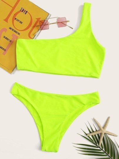 Norway Outfit, Bikinis Shein, Colorful Tops, Neon Bikinis, Beach Ideas, Cute Bathing Suits, One Shoulder Top, Neon Party, Costume Intero