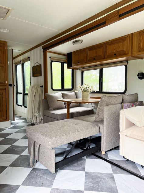 Join me for a tour of our new motorhome remodel! I'll share my best tips for RV storage and organization ideas. Winnebago Remodel, Rv Tour, Rv Living Room, Motorhome Remodel, Rv Interior Design, Storage And Organization Ideas, Motorhome Interior, Rv Interior Remodel, Camper Trailer Remodel