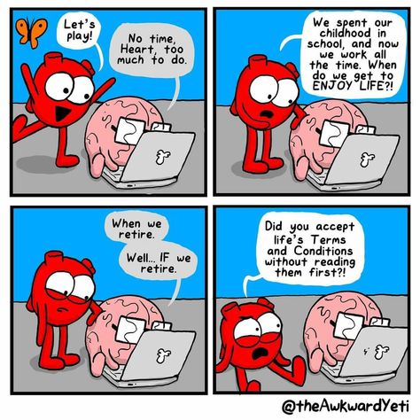 Heart And Brain Comic, Heart Vs Brain, Awkward Yeti, Therapist Humor, The Awkward Yeti, Silly Love Songs, Heart And Brain, Real Funny, Funny Comic Strips