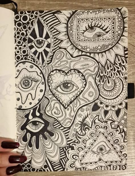 Simple Psychadelic Art, Eye Zentangle, Creepy Eye Drawing, Collage Drawing Ideas, Zentagle Drawing Ideas, Cool Drawings Trippy, Trippy Drawings, Psychadelic Art, Eye Sketch