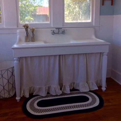 Ticking Curtains, Kitchen Cabinet Curtain, Antique Farmhouse Sink, Cabinet Curtain, Sink Curtain, Vintage Farmhouse Sink, Under Bathroom Sink, Sink Skirt, Vintage Sink