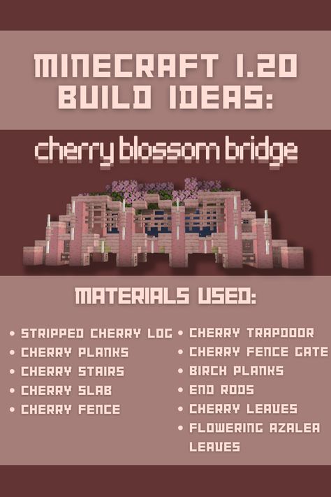 Minecraft Blossom Town, Minecraft Designs Cherry Blossom, Minecraft Cherry Blossom Torii Gate, Minecraft Cherry Blossom Bridge Ideas, Minecraft New Update 1.20, Cute Cherry Minecraft House, Sky Bridge Minecraft, Minecraft Cherry Blossom Coordinates, Minecraft 1.20 Update