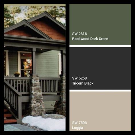 Green Color Home Exterior, Colors To Paint Outside Of House, Green Paint For Exterior House, Exterior House Paint Color Combinations Green, Olive Color House Exterior, Dark Sage Exterior House Colors, Dark Green House Exterior Brown Trim, Green House Grey Trim, Dark Green Grey Exterior House Colors