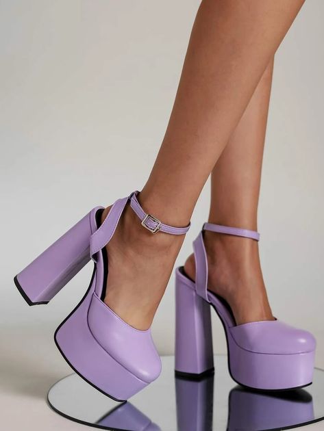 Platform Chunky Heeled Ankle Strap Pumps | SHEIN USA Chunky Platform Heels Outfit, Platform Heels Outfit, Prom Purple, Cool High Heels, Chunky Pumps, Barbie Vibes, Platform Pumps Heels, Prom 2024, Grooming Tips