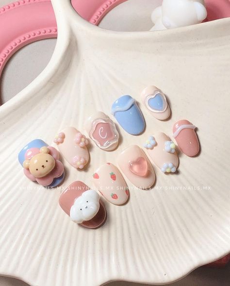 Bakery Nail Art, Press On Nails Design Ideas, Nail Cute Design, Nail Cute Korean, One Color Nail Design, Colorful Gel Nails, Gummy Gel, Cute Nails Designs, Korea Nail Art