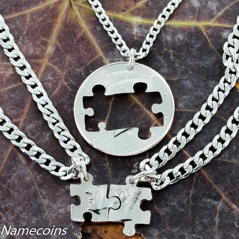 3 Best Friend or Family Necklace, puzzle pieces cut on a half dollar 3 Person Friend Group, Friend Ship Necklaces, Relationship Necklaces, Cut Coin Jewelry, 3 Best Friends, Three Necklaces, Family Jewelry, Foxes Necklace, Family Necklace