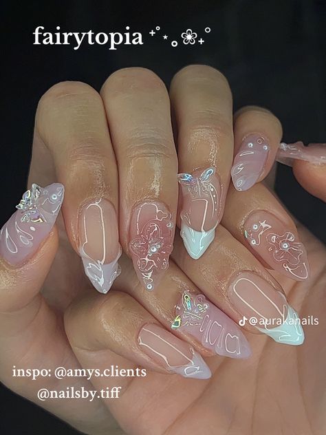 Luxury Almond Nails, Doyeon Nails, Almond Fairy Nails, Ethereal Nails Short, White Fairy Nails, Sparkly Flower Nails, Gel X Inspo Nails, Philippines Nails, Doing Nails Aesthetic