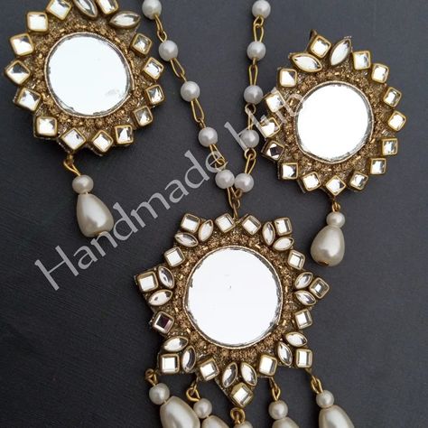 Customized Kundan handmade jewelry, for more visit my Fb page Handmade Hub 2023 Necklace, Diy Earrings Materials, Mirror Necklace, Diy Wire Earrings, Handmade Mirror, Indian Bride Outfits, Bride Outfits, Hand Bracelet, Handmade Fashion Jewelry