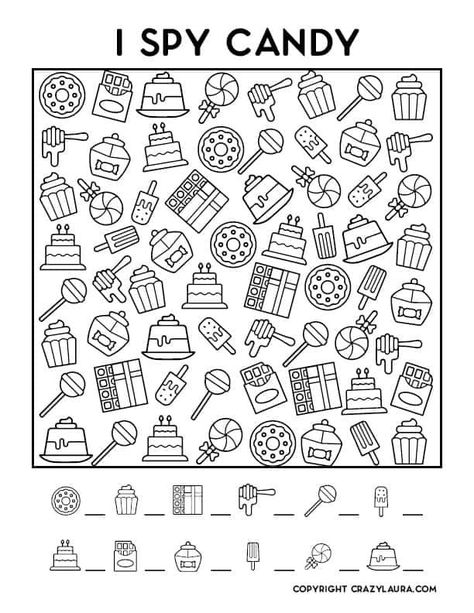 Kids love treats, so these free I spy candy printables are perfect for any age! Print out all three versions for your next game night! I Spy Math Worksheets, Candy Printables, Games To Print, I Spy Printable, Crazy Laura, I Spy Games, Free Preschool Printables, Early Finishers Activities, Print Outs