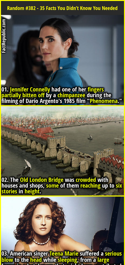 01. Jennifer Connelly had one of her fingers partially bitten off by a chimpanzee during the filming of Darío Argento's 1985 film "Phenomena." Unknown Facts About World, Weird Historical Facts, Controversial Photographers, Random Fun Facts, Comic Facts, Epic Facts, Science Facts Mind Blown, Rare Genetic Disorders, Fact Republic